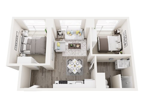 A top-down view of a modern, minimalist apartment with a central living area, two bedrooms, and a kitchen.